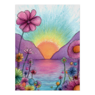 Poster Paysage fantaisiste avec des fleurs - Style pastel