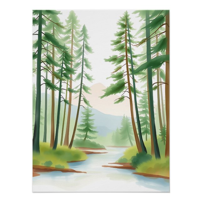 Poster Paysage forestier serein en aquarelle (Devant)