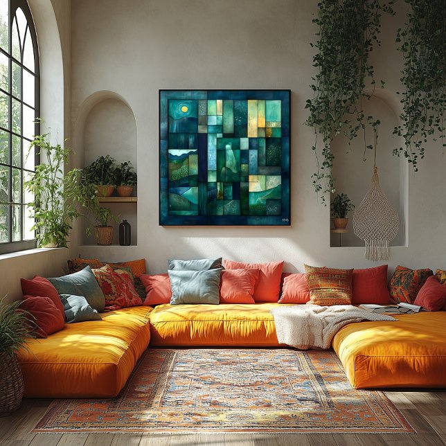 Poster Paysage géométrique Lune - Turquoise et vert (Créateur téléchargé)