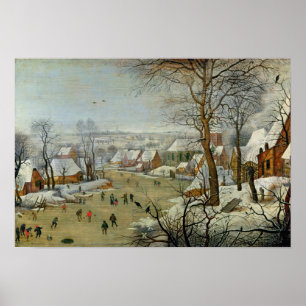 Poster Paysage hivernal avec patineurs et piège à oiseaux