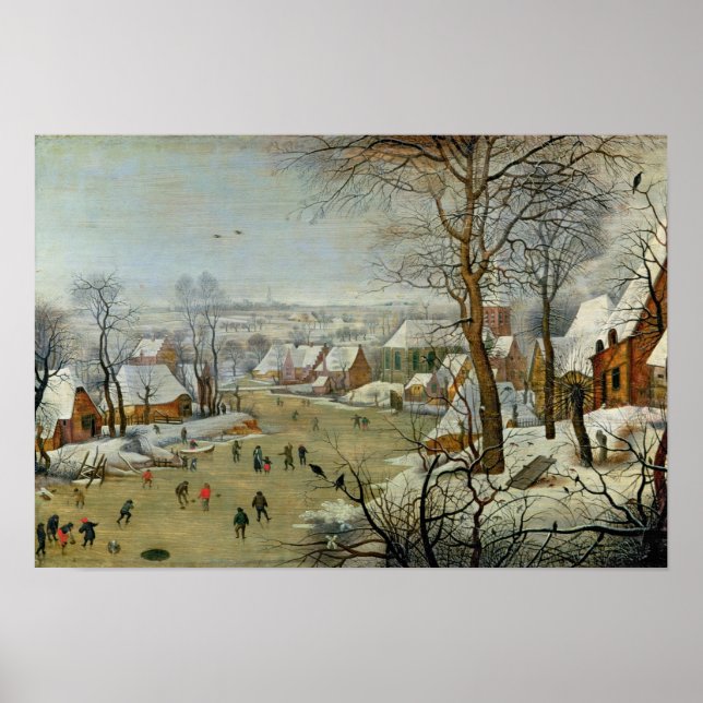 Poster Paysage hivernal avec patineurs et piège à oiseaux (Devant)