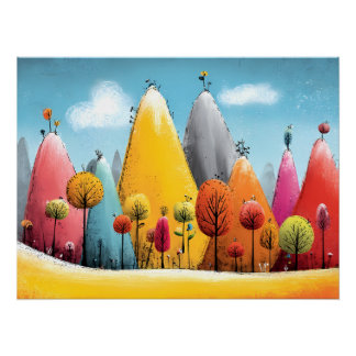 Poster paysage imaginaire coloré - montagnes et arbres