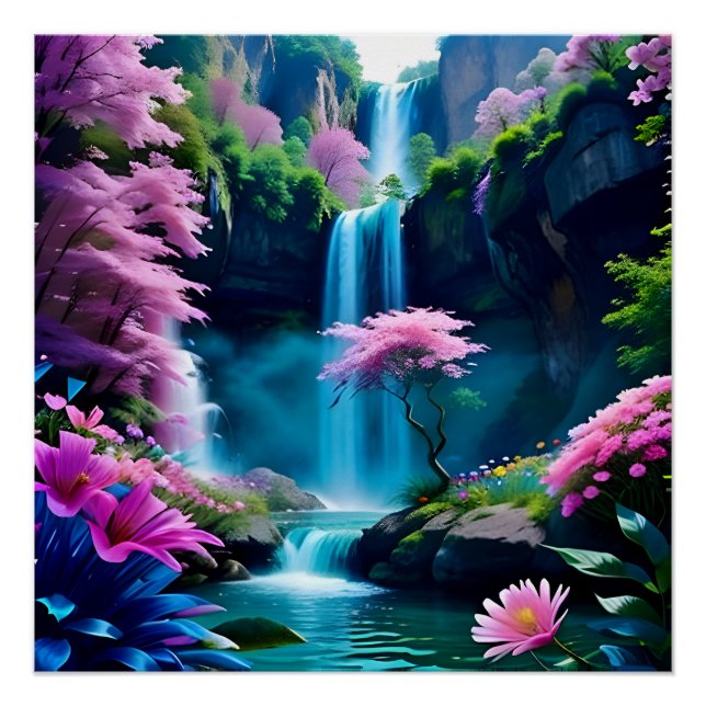 Poster Paysage magique Cascade et Fleur One (Devant)