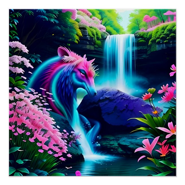 Poster Paysage magique Cascade et fleurs deux (Devant)