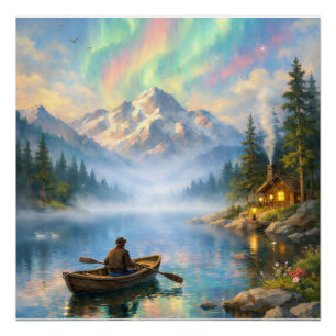 Poster paysage montagne magique - Aurores boréales