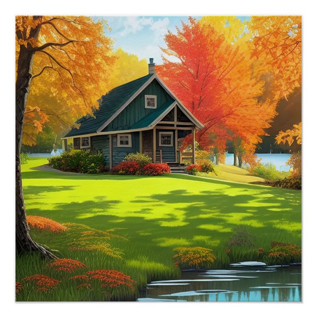 Poster Paysage naturel avec lac et chalet (Devant)
