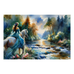 Poster Paysage onirique de rivière forestière à la femme
