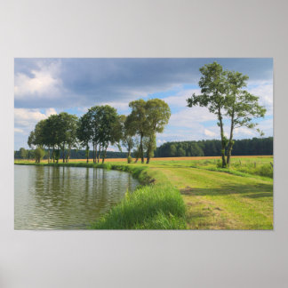 Poster Paysage rural avec arbres, eau et ciel nuageux