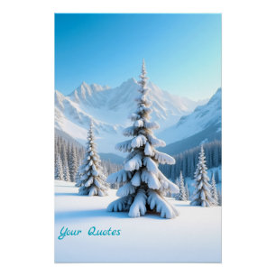 Poster Paysage serein de montagne enneigée et pin d'hiver