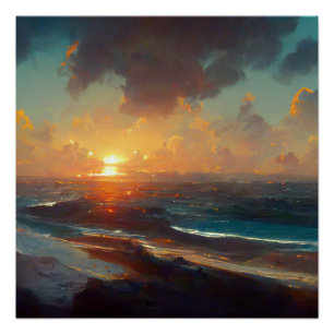 Poster Paysage spectaculaire des vagues de coucher de sol