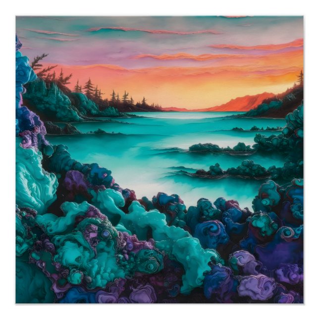 Poster Paysage Turquoise avec Encre d'alcool Détails (Devant)