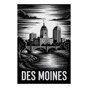 Poster Paysage urbain de Des Moines Iowa noir et blanc en