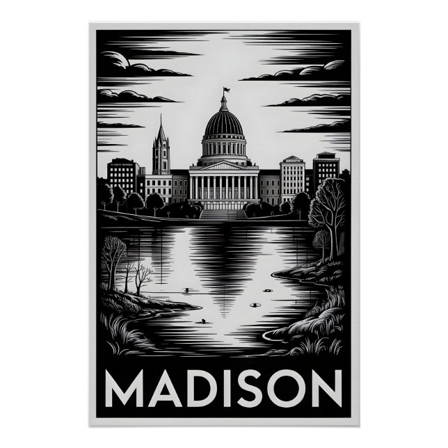 Poster Paysage urbain de Madison Wisconsin Noir Blanc Gra (Devant)