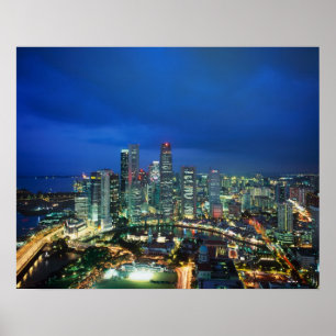 Poster Paysage urbain de Singapour la nuit, Singapour