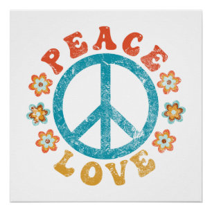 Poster Peace & Love - Hippie Peace Sign With Flowers