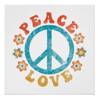 Poster Peace & Love - Hippie Peace Sign With Flowers