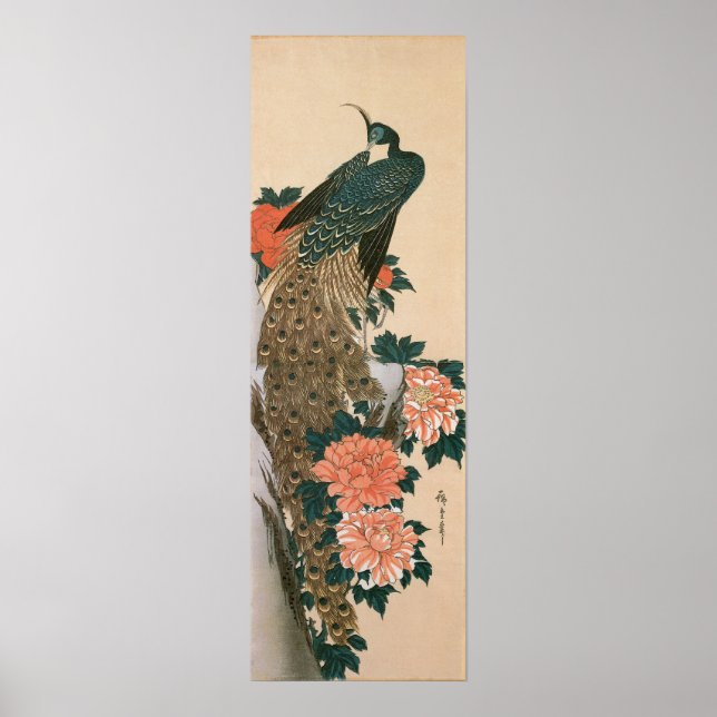 Poster Peacock and Peonies de Hiroshige, Art japonais (Devant)