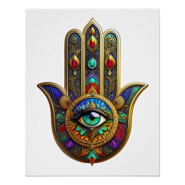 Poster Peacock Color Flower Petals Hamsa Green Third Eye (Devant)