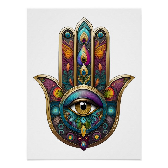 Poster Peacock Colors Hamsa w/ Gold Third Eye (Devant)