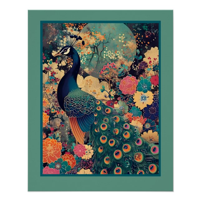Poster Peacock dans le design floral avec lune turquoise (Devant)