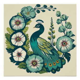 Poster Peacock vintage Peacock Blue et Green paons