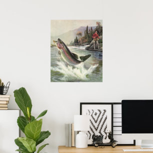 Poster Pêche vintage à la truite arc-en-ciel, Pêche des p