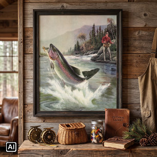 Poster Pêche vintage à la truite arc-en-ciel, Pêche des p