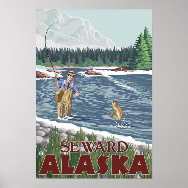 Poster Pêcheur à la mouche - Seward, Alaska (Devant)