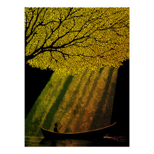 Poster Pêcheur la nuit sous la canopée d'un arbre géant