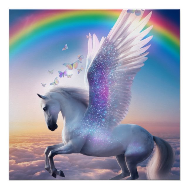 Poster Pégase avec arc-en-ciel (Devant)