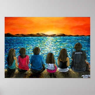 Poster peint sur le coucher de soleil en famille e