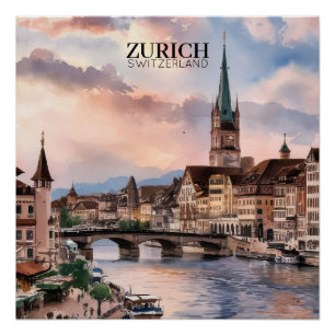 Poster Peinture à l'aquarelle de Zurich Suisse
