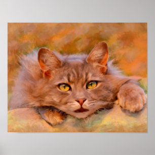 Poster Peinture à l'huile aquarelle d'un chat brun mignon