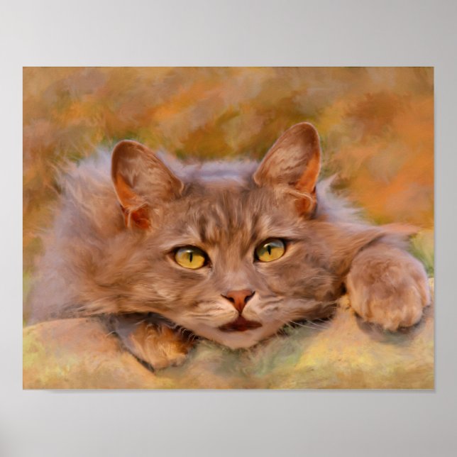 Poster Peinture à l'huile aquarelle d'un chat brun mignon (Devant)
