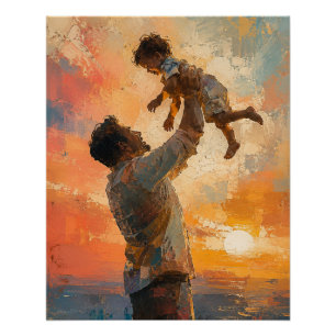Poster Peinture Abstraite Père Élevant un Enfant au Couch