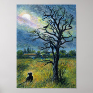 Poster Peinture acrylique, Chat & Oiseau & Lune