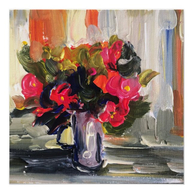 Poster Peinture acrylique, fleurs rouges (Devant)