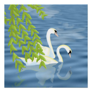 Poster Peinture Couple bleu et vert de cygnes sur le lac