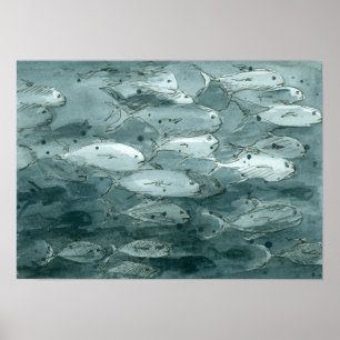 Poster Peinture d'aquarelle de poisson noir et blanc