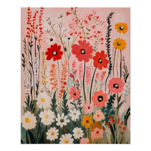 Poster Peinture de champ de fleurs sauvages colorées
