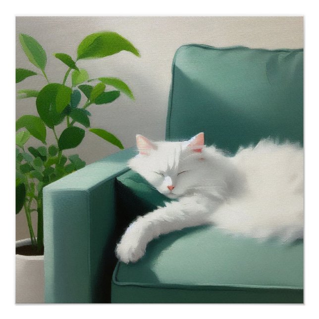 Poster Peinture de chat dormant sur un canapé vert (Devant)