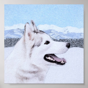 Poster Peinture de chien Husky sibérien (argent et blanc)