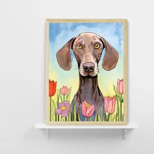 Poster Peinture de Chien Weimaraner avec Tulipes