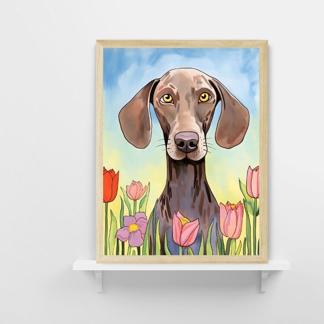 Poster Peinture de Chien Weimaraner avec Tulipes (Créateur téléchargé)