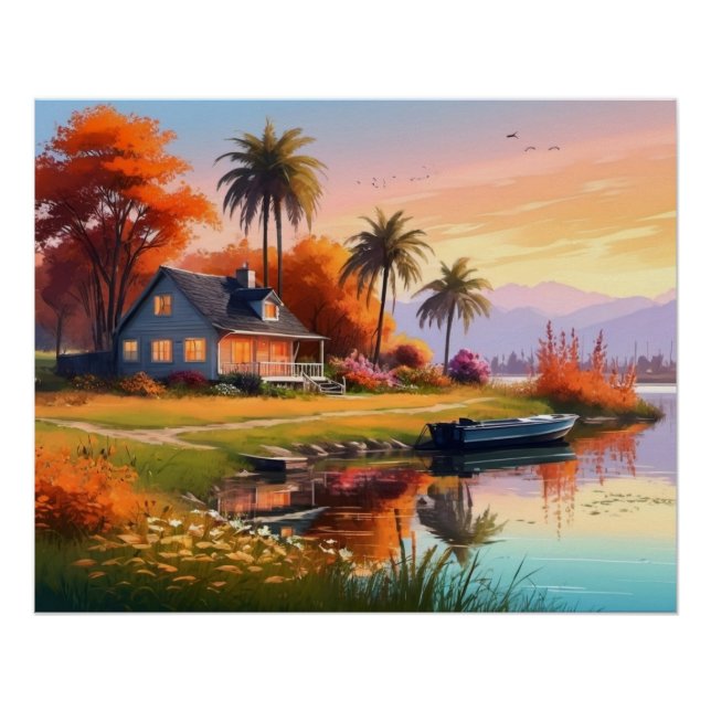 Poster Peinture de coucher de soleil nature avec lac, Cot (Devant)