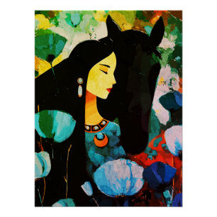 Poster Peinture de la Femme Turquoise et du Cheval