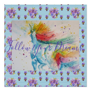 Poster Peinture de licorne Suivez vos rêves Aquarelle