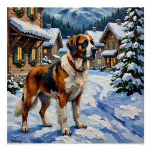 Poster Peinture de Noël alpine vintage de Saint-Bernard