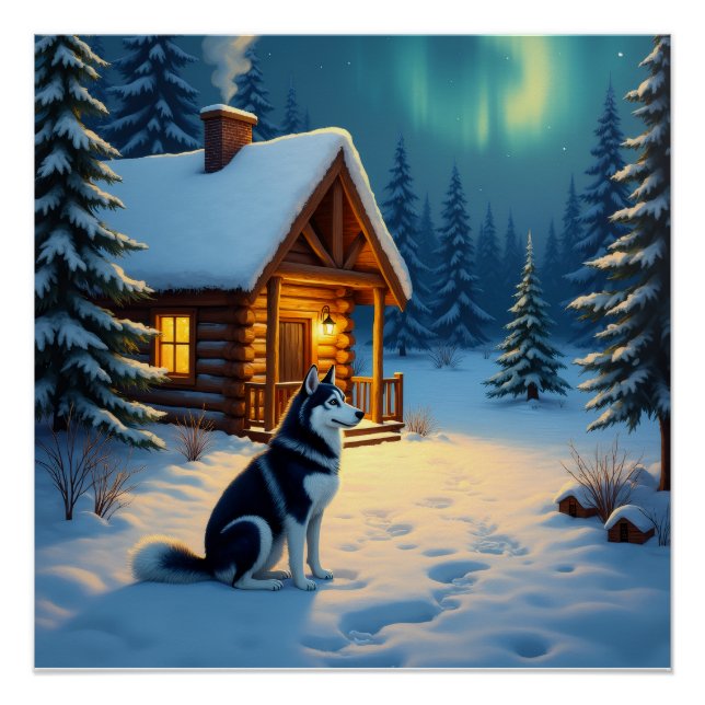 Poster Peinture de Noël de cabane enneigée avec Husky de  (Devant)