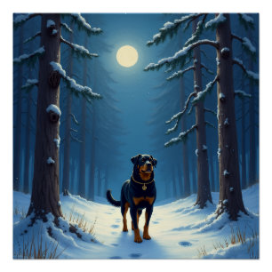 Poster Peinture de Noël Rottweiler Randonnée Forêt Étoilé